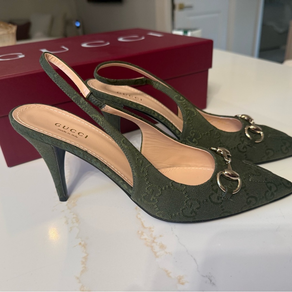 GUCCI SLINGBACK PUMP HORSEBIT GREEN CANVAS 38 - Picture 12 of 15